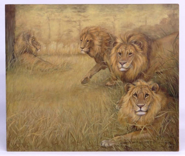 Painting Lions Signed Illegibly Morse Wing"": Painting oil on board African lions signed illegibly Morse King" (?), sight 30 1/2" x 36"."