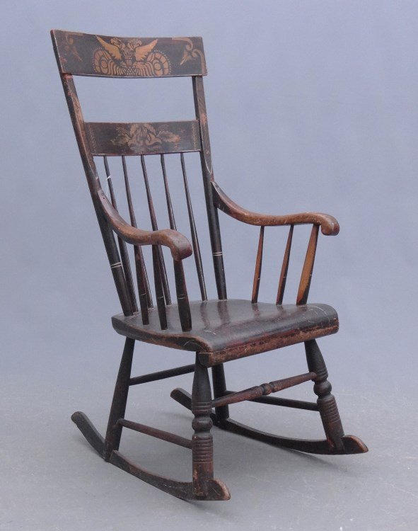 19th c. Pennsylvania Rocking Chair: 19th c. Penna. decorated 1/2 spindle rocking chair. 15 1/2 seat Ht., 42" overall Ht."