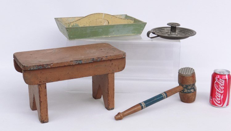 Primitive Lot: Lot four early pieces including tin chamberstick, painted footstool, painted knifebox and meat tenderizer.