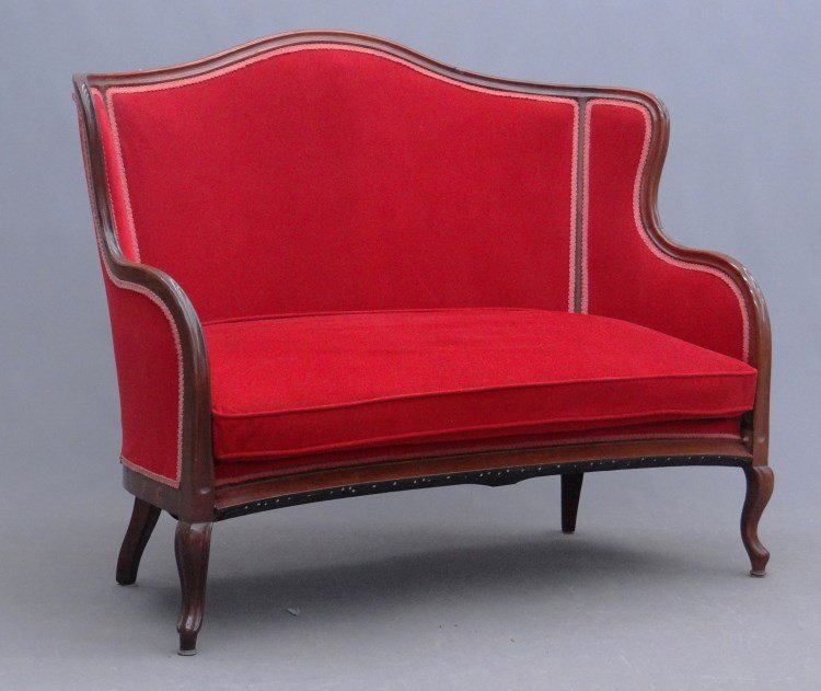 Settee: C. 1900's settee. As found condition. 53 length. Bottom rail broken."