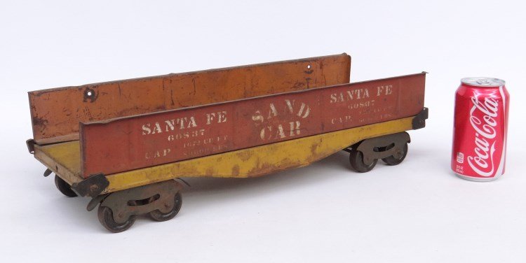 Pressed Steel Toy Train Car: Early pressed tin steel toy train marked Santa Fe...Sand Car". 18 1/2" x 7 1/4" x 5" Ht."