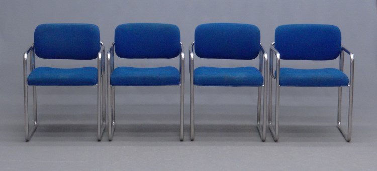 Ser Of Four Moderne Chairs: Set of four Moderne chrome upholstered chairs. 18 seat Ht., 26" overall Ht."