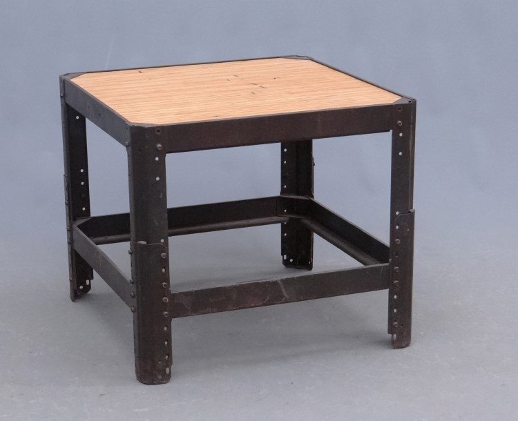 Industrial Table: Industrial metal adjustable table. Top 27 diameter, 23" Ht. at lowest setting."