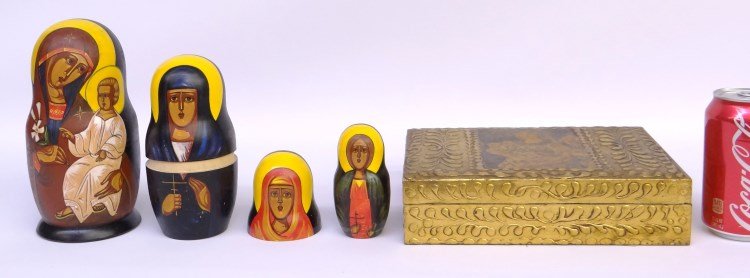 Misc. Lot: Misc. lot including wooden painted nesting dolls, C. 1900's document box.