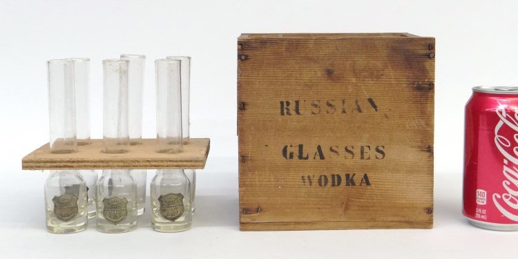 Russia Vodka Glasses: Russian Vodka glasses in original wooden case.
