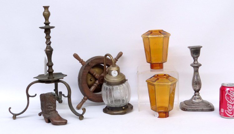 Misc. Lot: Misc. lot including brass candle holder (18 Ht.), silverplate candlestick (10 1/2" Ht.), ships wheel sconce, pair amber shades, metal boot."