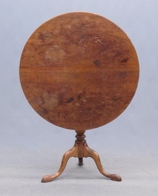 18th c. Tea Table: 18th c. Queen Anne birdcage tilt-top tea table. Top 31 1/2 diameter, 27 1/2" Ht."
