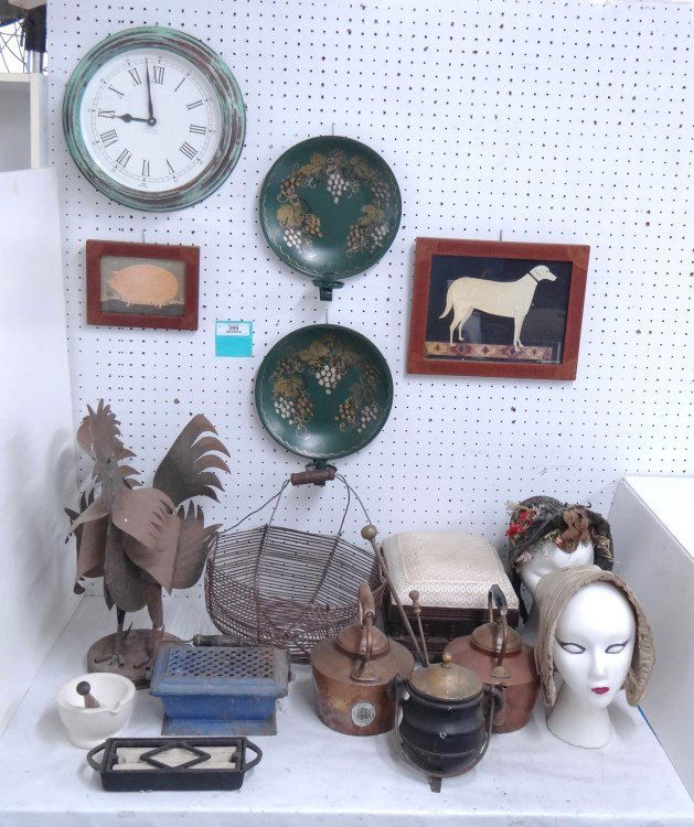 Misc. Lot: Misc. lot including two early bonnets, pair candle sconces, wire egg basket, footstool, cast iron fire starter, warming trivet, enamel hot plate, ceramic morter and pestle, clock, teapots (as is), fol