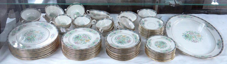 Lenox Mystic Dinnerware Set: Lenox Mystic" dinnerware set including (11) 10 1/2" plates, (12) 8 1/4" plates, (13) 7" plates, (11) 6 1/4" plates, 17" x 12" platter, (12) cups and saucers, (10), double handle soups."