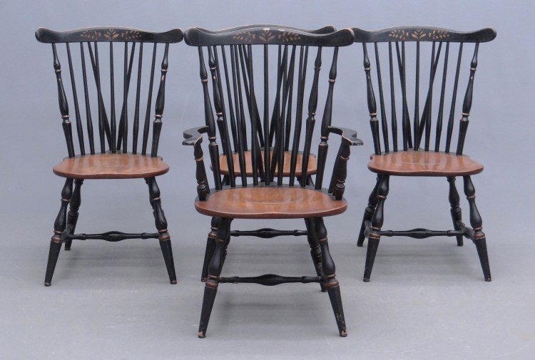 Set Of Windsor Chairs: Set of four contemporary brace back Windsor chairs (one armchair). 17 seat Ht., 36" overall Ht."
