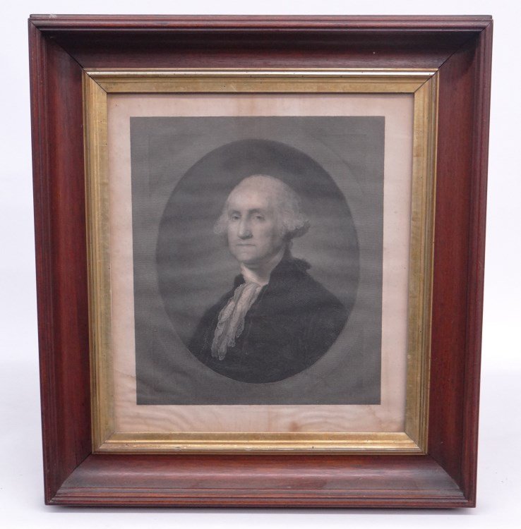 19th c. Engraving George Washington: 19th c. engraving George Washington after Gilbert Stuart (by William Marshall). Period frame. Sight 15 1/2 x 13 1/2"."