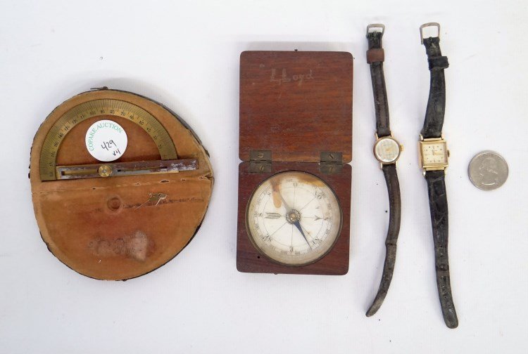 Watch Lot: Lot including ladies Rodania" wrist watch, ladies "Lucerne" wrist watch, early cased brass tool, early cased compass marked "LLOYD"."