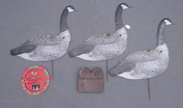 Misc. Lot: Misc. lot including vintage child's spelling game, standing cardboard decoys, redware tombstone tile.