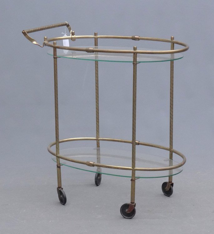 Tea Cart: Brass and glass tea cart. 30 1/2 x 16"x 34"."
