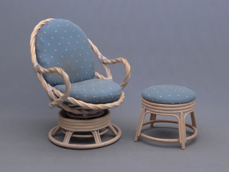 Rattan Chair And Ottoman: Rattan chair and ottoman.