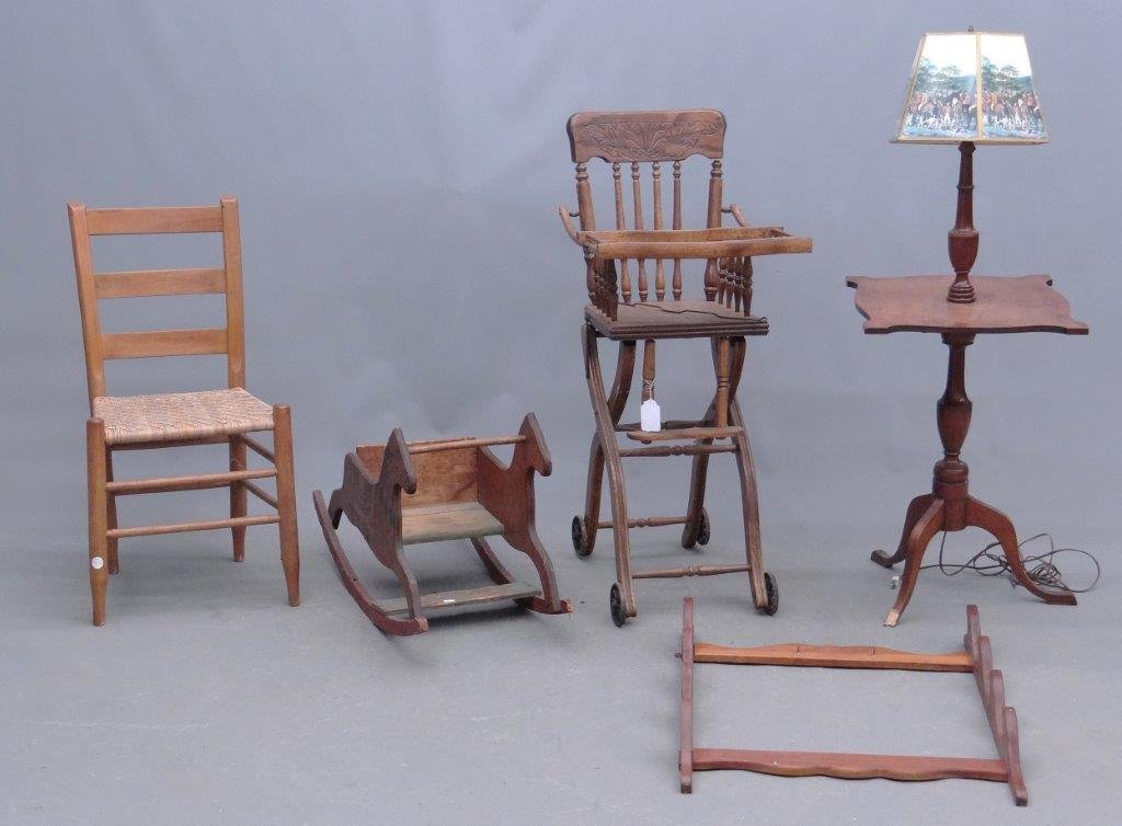 Misc. Lot: Misc. lot including child's hobby horse, tea table lamp, convertible highchair, early side chair. Mostly as found condition.
