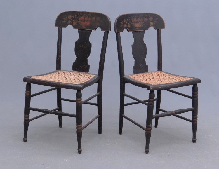 Pair Caned Seat Chairs: Pair 19th c. decorated caned seat chairs. 17 1/2 seat Ht., 33" overall Ht."