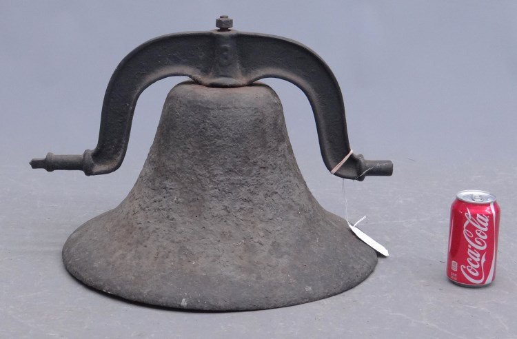 Cast Iron Bell: Early cast iron bell. 17 1/2 diameter, 15" Ht."