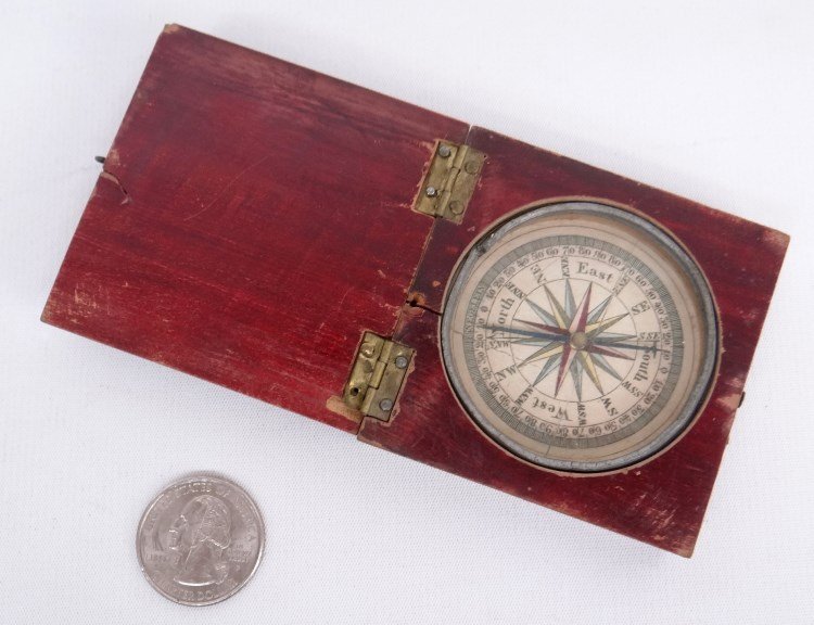 Early Pocket Compass: Early pocket compass. Glass cracked. 2 1/2 square, 3/4" Ht."