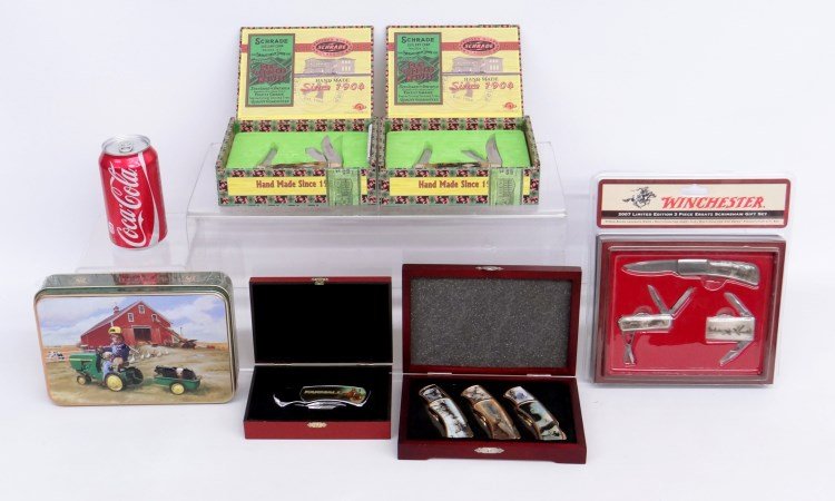 Pocket Knife Collection: Lot six new in box pocket knives including Schrade, Farmall, Winchester, John Deere.
