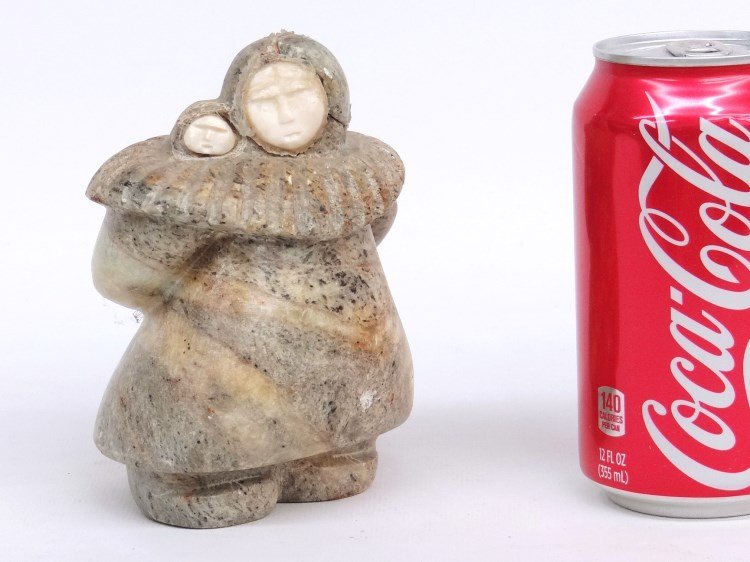 Inuit Sculpture: Inuit sculpture of mother and child. 5 Ht., head damaged."