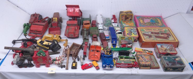 Toy Lot: Lot including lunchboxes, Barbie set, Fort Apache playset, games, trucks, Hess items etc.