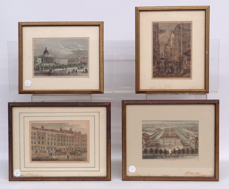 Continental Prints: Lot four various 19th c. Continental prints including Hoare's Old Banking House...", "University College, Gower Street", "Burlington House, About 1700" and "Field Lane About 1840"."