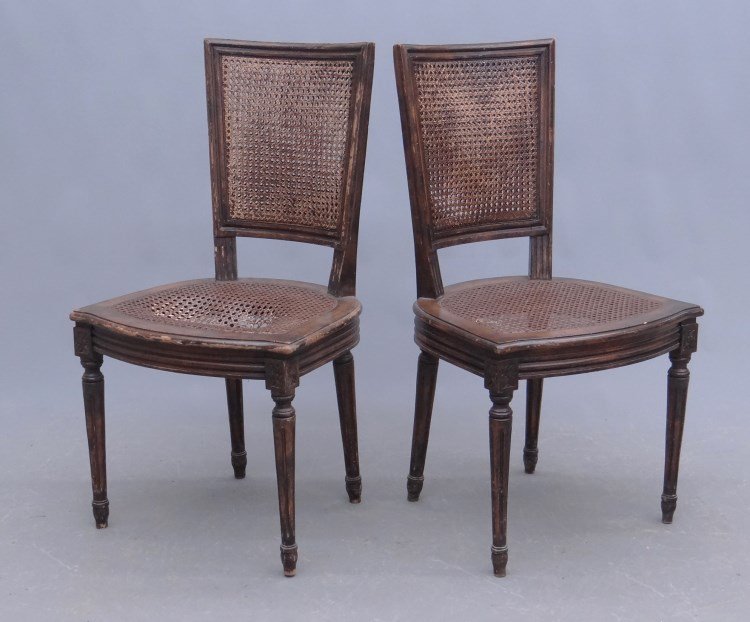 Pair French Side Chairs: Pair of early French side chairs with double caned seat and back. 17 1/2 seat Ht., 36" overall Ht., as found."