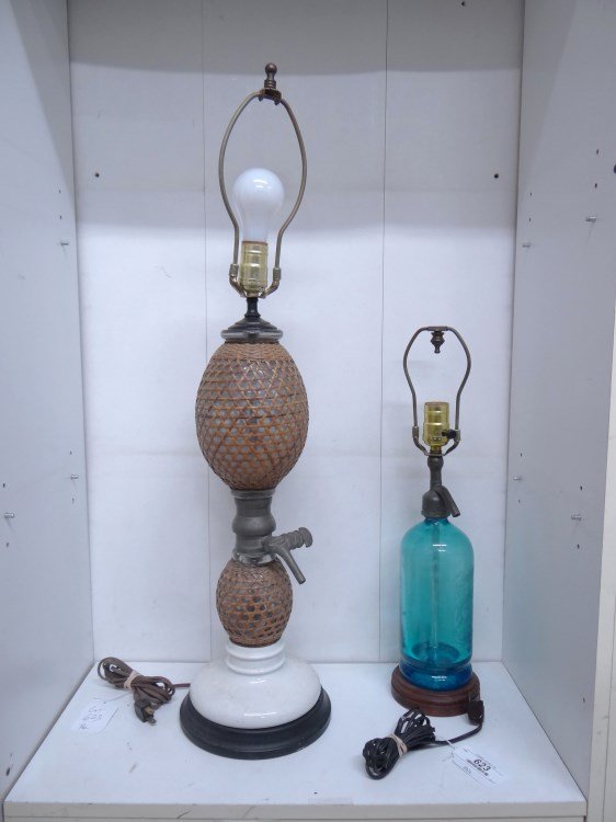 Lamp Lot: Lamp lot including French seltzer bottle (20 Ht.), 19th c. caned covered French soda bottle lamp with pewter hardware and porcelain base. 31" Ht."