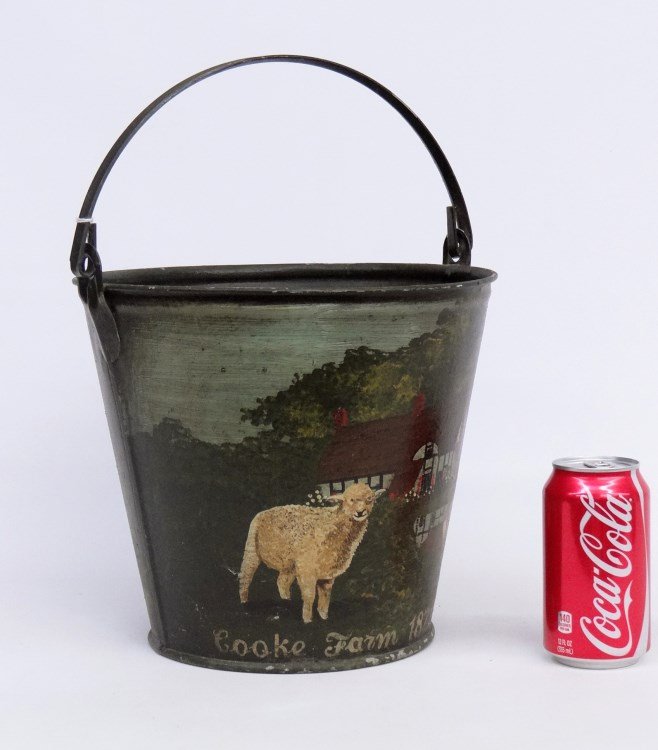 Folk Art Painted Metal Pail: Folk art painted metal pail Cooke Farm". 9 1/4" Ht."