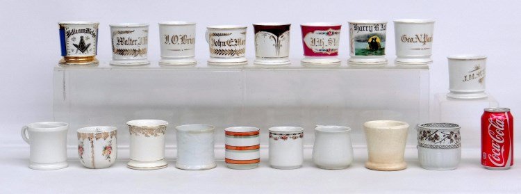 Collection Of Shaving Mugs: Collection of 18 shaving mugs. Includes Masonic, various names, etc. Imperfections.