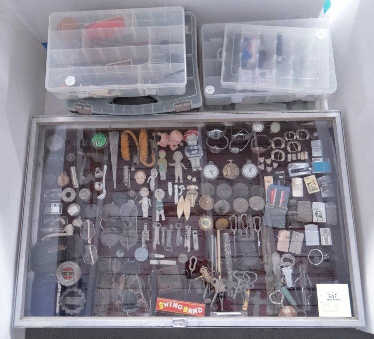 Misc. Lot: Misc. lot including watches, lighters, bisque dolls, letter openers, Swiss army knife, clay pipe, trench lighters, Church keys etc.