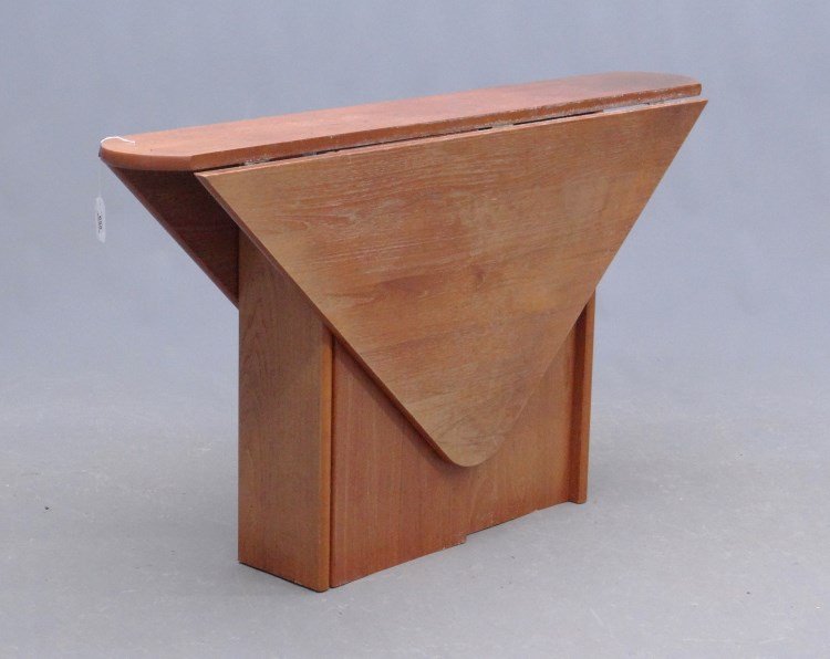 Danish Modern Table: Danish moderne dropleaf table. 52 x 8" with 22" leaves, 29" Ht."