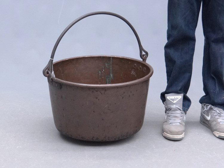Copper Kettle: 19th c. swing handle copper kettle. 22 diameter, 13 1/2" Ht."