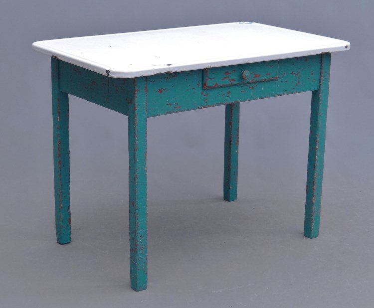 Enamel Top Table: Enamel top table, old blue painted base with silverware drawer. 40 x 25" x 30"."