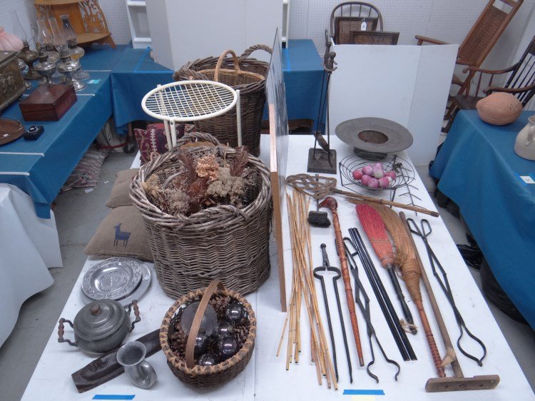 Misc. Lot: Misc. table lot including fireplace equipment, baskets, carved cane, African wooden mask, pewter etc.