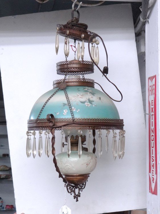 Victorian Fixture: 19th c. Victorian hanging light fixture with hand painted shade and matching font.