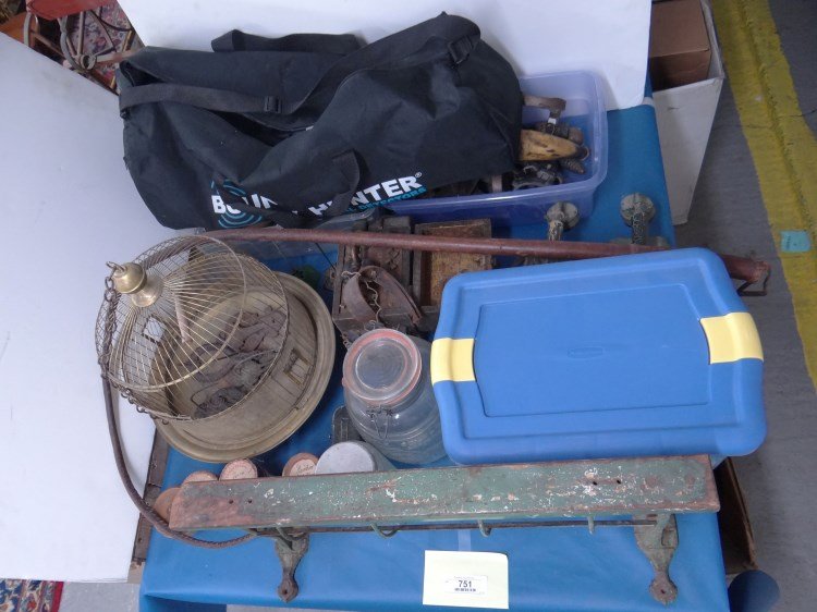 Lot: Misc. table lot including large lot buttons, birdcage, Edison cyclinder rolls etc.