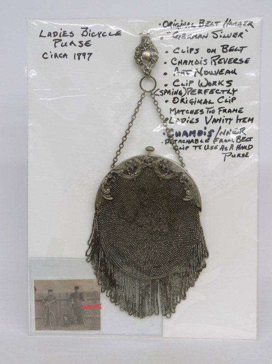 Purse: Purse for a Lady Cyclist. Victorian antique from the 1890s. German Silver" belt clip and purse's frame. Steel Bead obverse. Reverse is chamois leather to avoid any wear to the dress. Art Nouveau desig