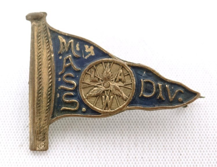 LAW Pin: Mass LAW pin, brass pennent form with blue enamel highlight. Good condition.