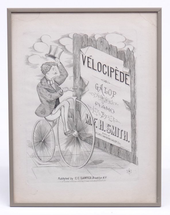 Sheet Music: Framed original 19th c. sheet music Velocipede" 1869 CC Sawyer NY", 13 1/2" x 10". Minor stains, rare boneshaker period ephemera. Good condition."