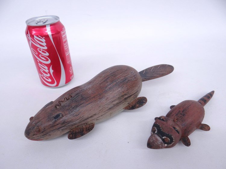 Fish Decoys: Lot two fish decoys including 11" beaver and 7" raccoon.