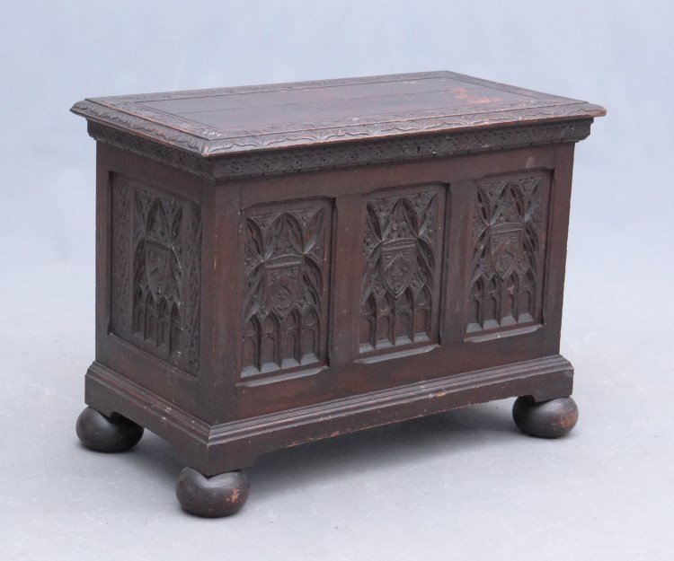 Jacobean Style Blanket Box: C. 1900's oak Jacobean style ball foot blanket box with three carved front and side panels. 35" x 17 1/2" x 25 1/2".