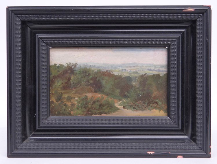 Painting Landscape: Painting oil on wood panel summer landscape. Marked verso "Study of John F. Kennset". 5" x 8 1/2".