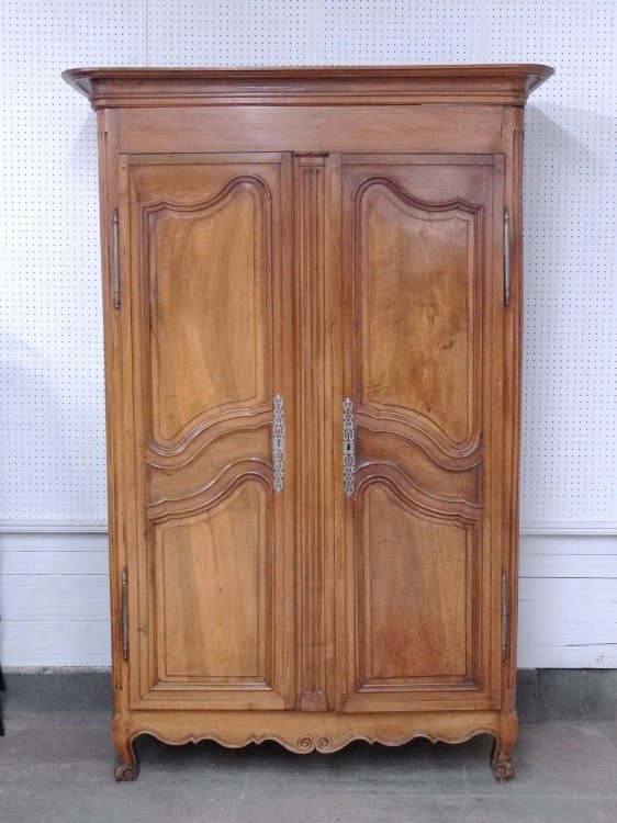 19th c. French Armoire: 19th c. French armoire with two paneled doors and removable cornice (doors also remove). 53" x 23" x 7' 9" Ht.