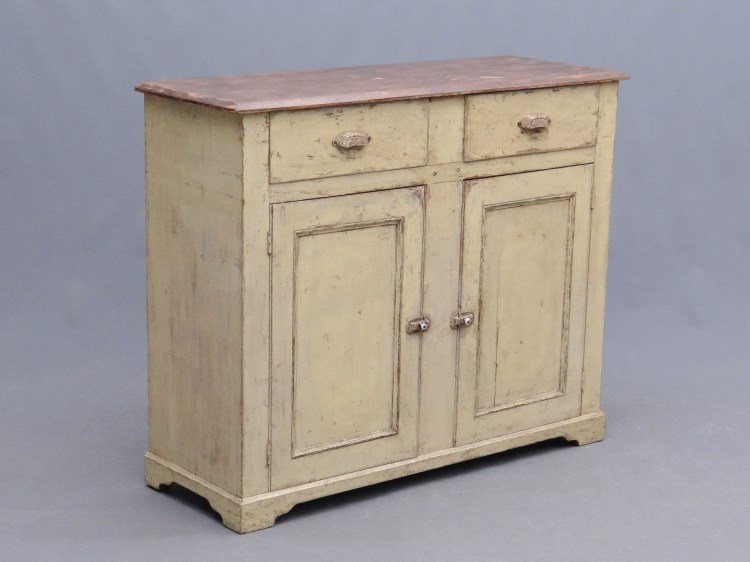 Quebec Wall Cupboard: Quebec wall cupboard, two drawers over two paneled doors. Buttermilk paint. 50" x 18" x 41".