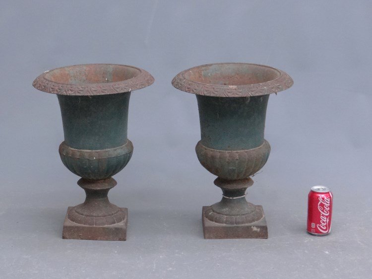 Pair Cast Iron Urns: Pair cast iron urns. 17 1/2" Ht.