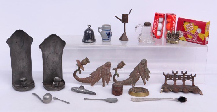 Misc. Lot: Misc. lot including pair brass mermaid candlesticks, inkwell, noise maker, pitcher, pair pewter candlesticks, golf balls, five wine glasses.