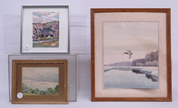 Artwork Lot: Misc. artwork lot including watercolor by Helen Sturges Nadler, Watercolor bird in flight signed "J. Sudy" (N.Y. 1880-1960, sight 12" x 10", early watercolor landscape marked verso "Sugar Loaf Mountai