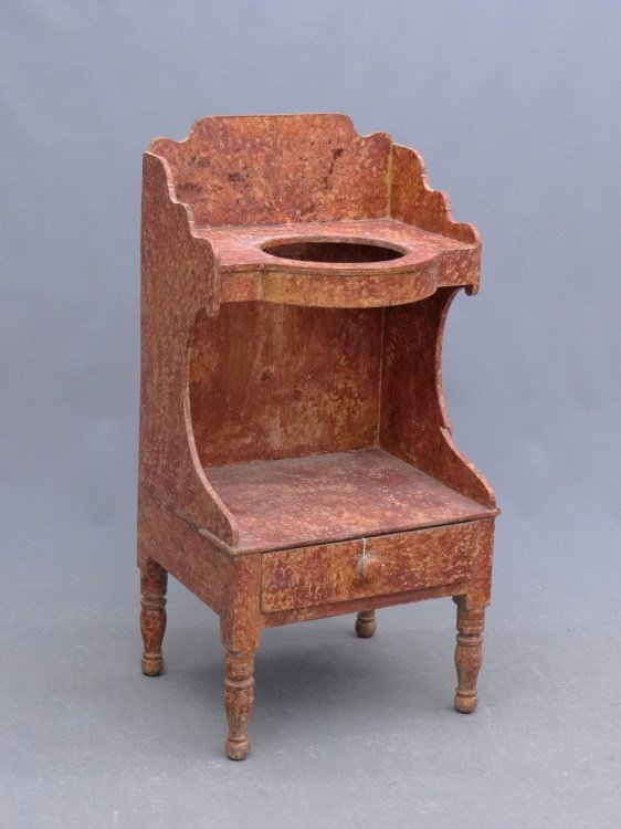 Sheraton Washstand: 19th c. paint decorated Sheraton pine single drawer washstand. 19" x 15" x 38".